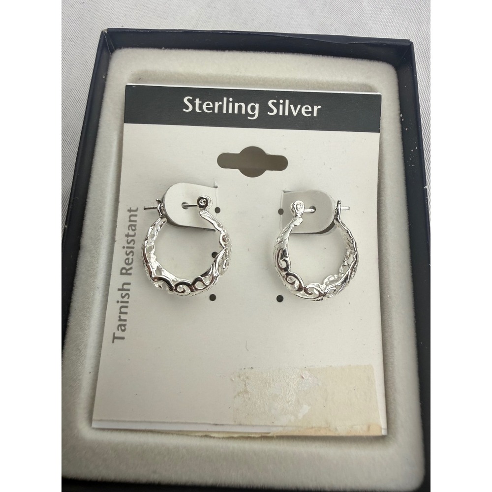 Sterling Silver Filigree Hoop Earrings Tarnish Resistant Openwork Scroll Design